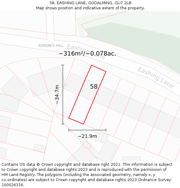 58, EASHING LANE, GODALMING, GU7 2LB: Plot and title map