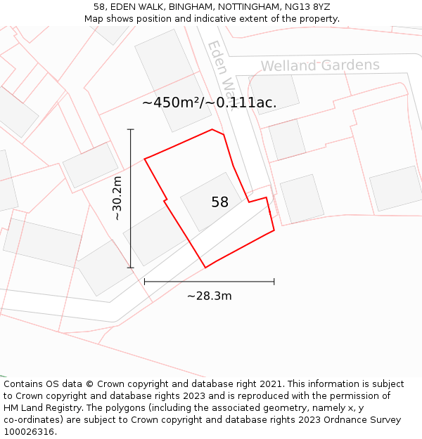 58, EDEN WALK, BINGHAM, NOTTINGHAM, NG13 8YZ: Plot and title map