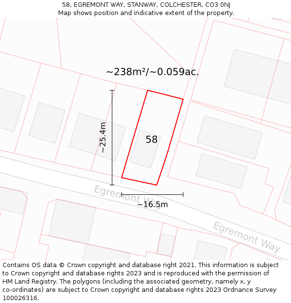 58, EGREMONT WAY, STANWAY, COLCHESTER, CO3 0NJ: Plot and title map