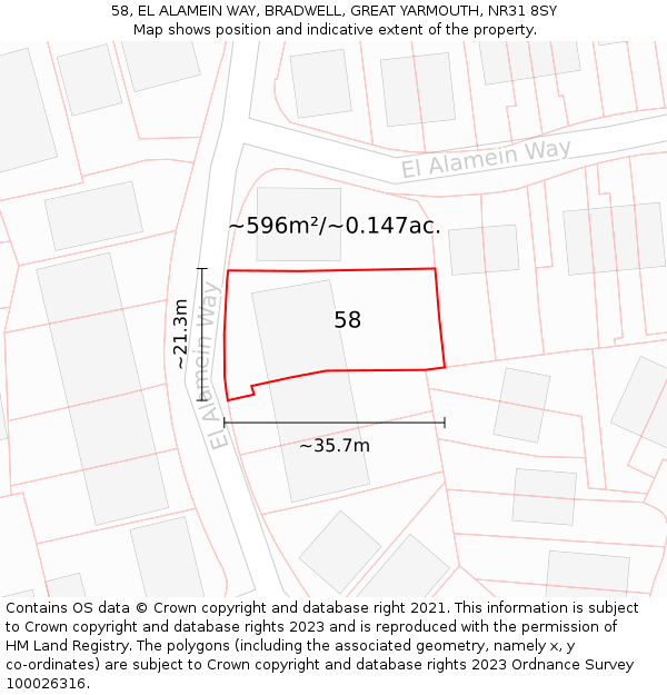 58, EL ALAMEIN WAY, BRADWELL, GREAT YARMOUTH, NR31 8SY: Plot and title map