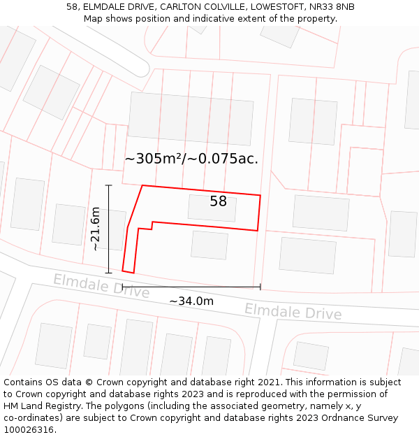 58, ELMDALE DRIVE, CARLTON COLVILLE, LOWESTOFT, NR33 8NB: Plot and title map