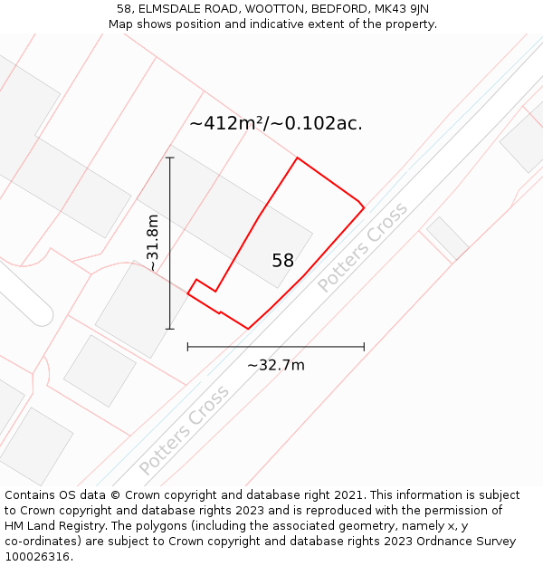 58, ELMSDALE ROAD, WOOTTON, BEDFORD, MK43 9JN: Plot and title map
