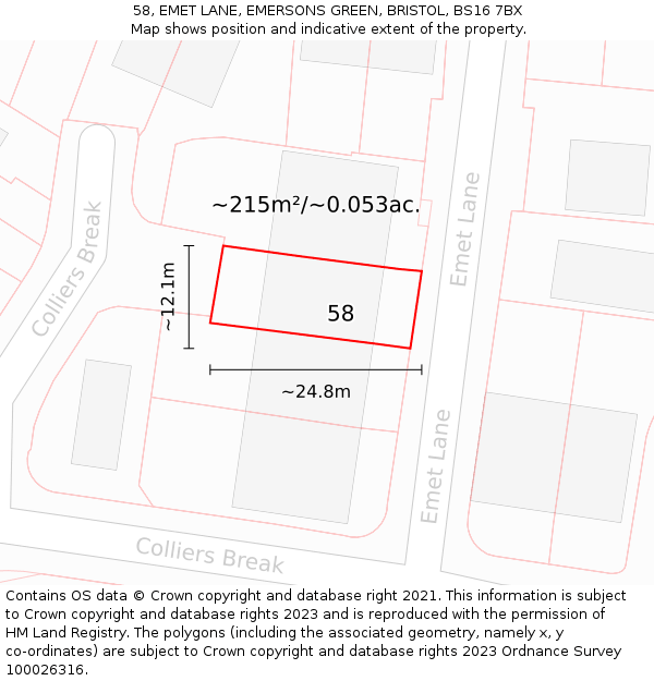 58, EMET LANE, EMERSONS GREEN, BRISTOL, BS16 7BX: Plot and title map