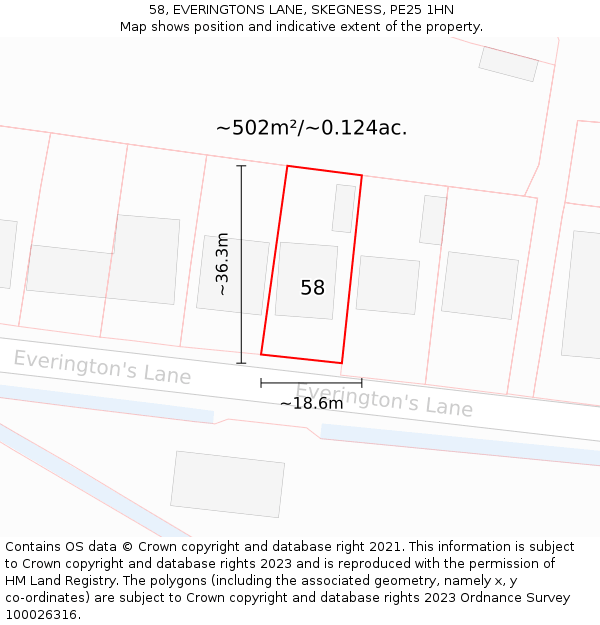 58, EVERINGTONS LANE, SKEGNESS, PE25 1HN: Plot and title map