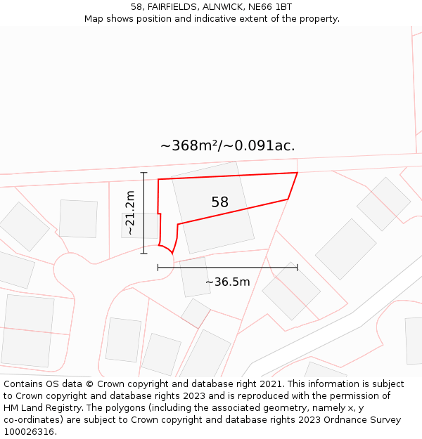 58, FAIRFIELDS, ALNWICK, NE66 1BT: Plot and title map