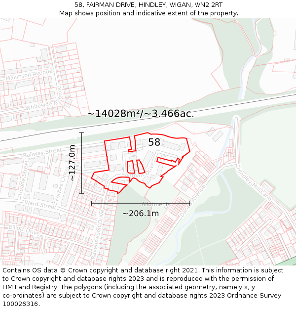 58, FAIRMAN DRIVE, HINDLEY, WIGAN, WN2 2RT: Plot and title map