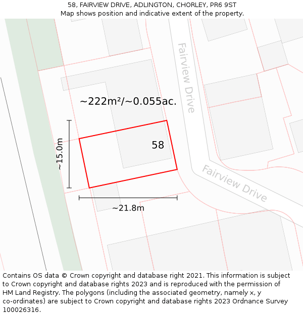 58, FAIRVIEW DRIVE, ADLINGTON, CHORLEY, PR6 9ST: Plot and title map