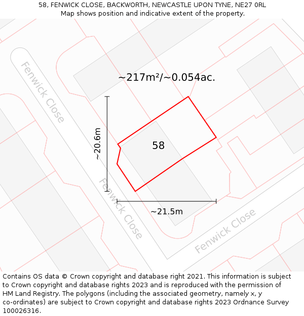 58, FENWICK CLOSE, BACKWORTH, NEWCASTLE UPON TYNE, NE27 0RL: Plot and title map