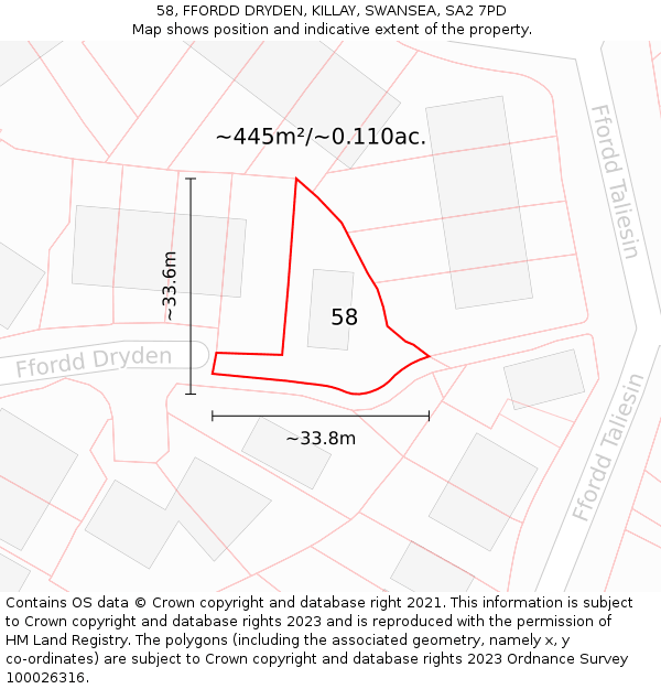 58, FFORDD DRYDEN, KILLAY, SWANSEA, SA2 7PD: Plot and title map