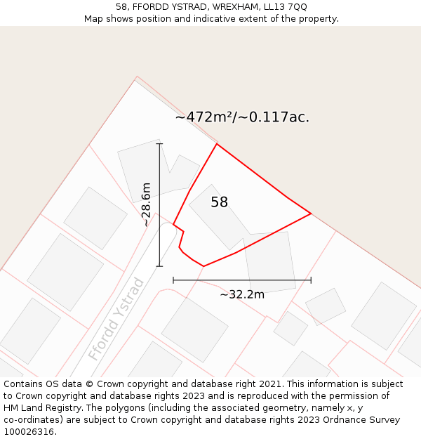 58, FFORDD YSTRAD, WREXHAM, LL13 7QQ: Plot and title map