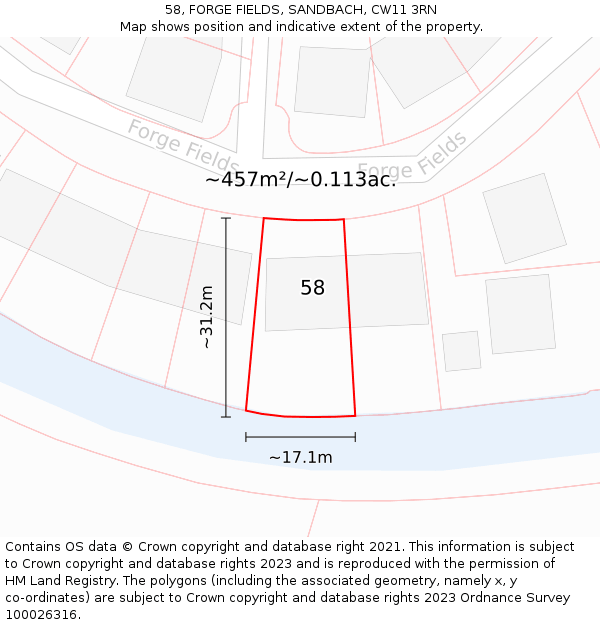 58, FORGE FIELDS, SANDBACH, CW11 3RN: Plot and title map