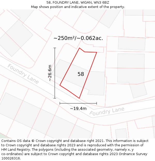 58, FOUNDRY LANE, WIGAN, WN3 6BZ: Plot and title map
