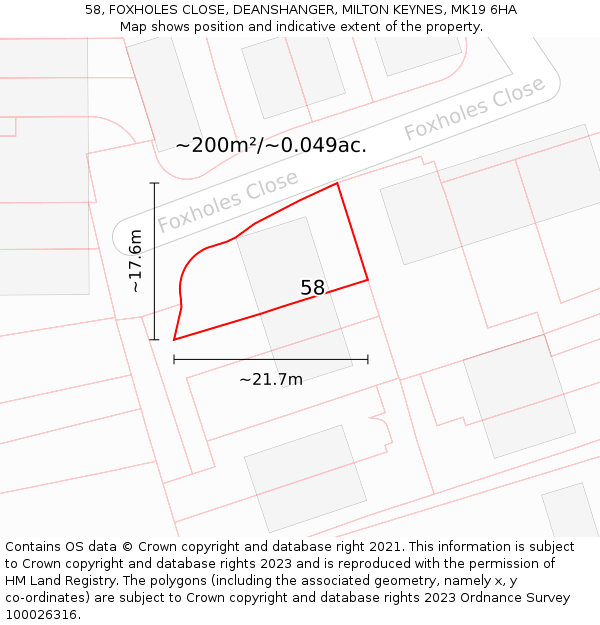 58, FOXHOLES CLOSE, DEANSHANGER, MILTON KEYNES, MK19 6HA: Plot and title map
