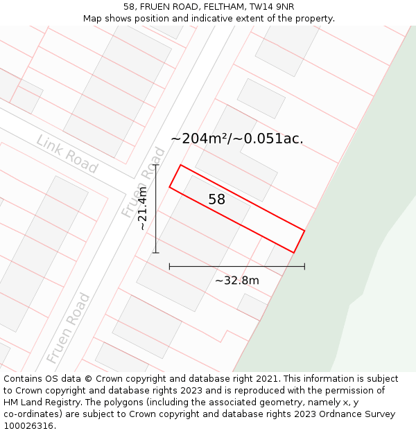 58, FRUEN ROAD, FELTHAM, TW14 9NR: Plot and title map