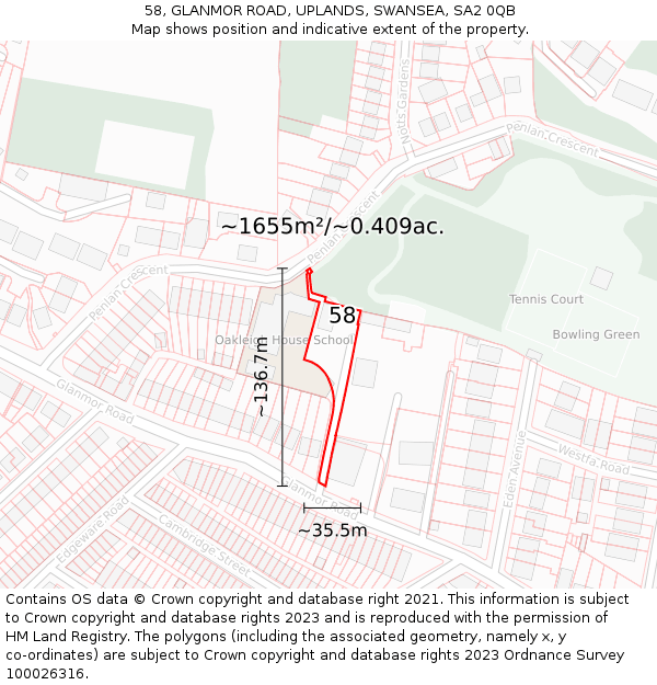 58, GLANMOR ROAD, UPLANDS, SWANSEA, SA2 0QB: Plot and title map