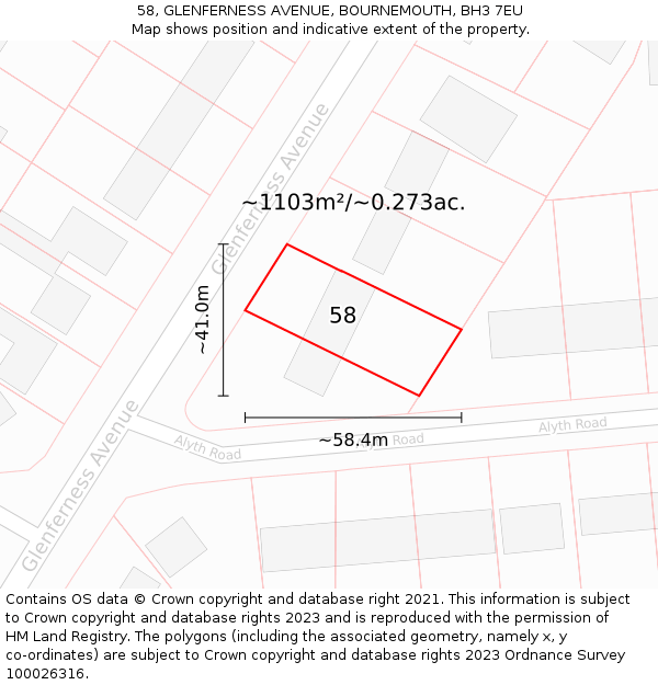 58, GLENFERNESS AVENUE, BOURNEMOUTH, BH3 7EU: Plot and title map