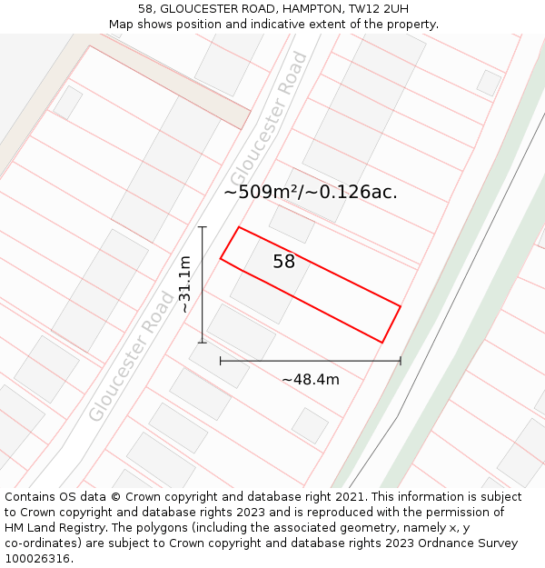 58, GLOUCESTER ROAD, HAMPTON, TW12 2UH: Plot and title map