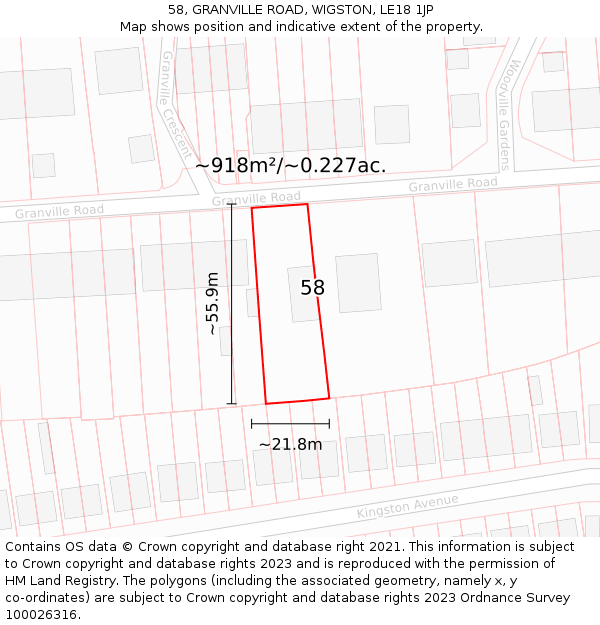 58, GRANVILLE ROAD, WIGSTON, LE18 1JP: Plot and title map
