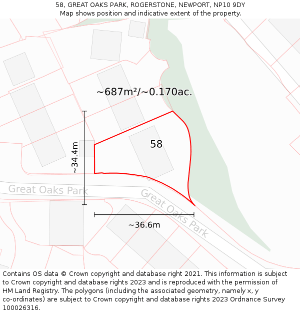 58, GREAT OAKS PARK, ROGERSTONE, NEWPORT, NP10 9DY: Plot and title map