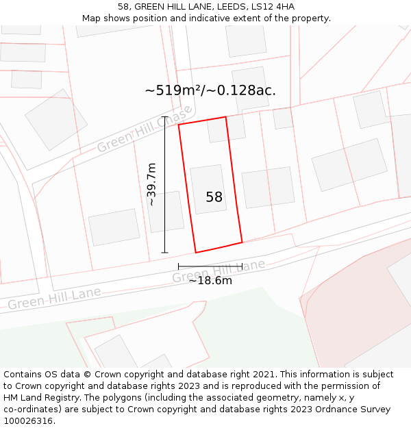 58, GREEN HILL LANE, LEEDS, LS12 4HA: Plot and title map