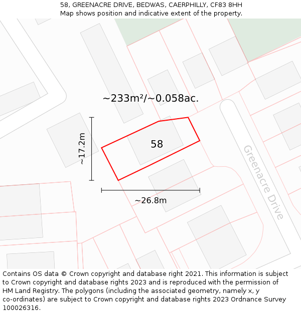 58, GREENACRE DRIVE, BEDWAS, CAERPHILLY, CF83 8HH: Plot and title map