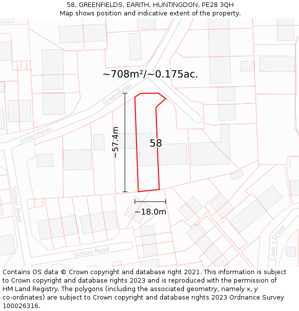 58, GREENFIELDS, EARITH, HUNTINGDON, PE28 3QH: Plot and title map