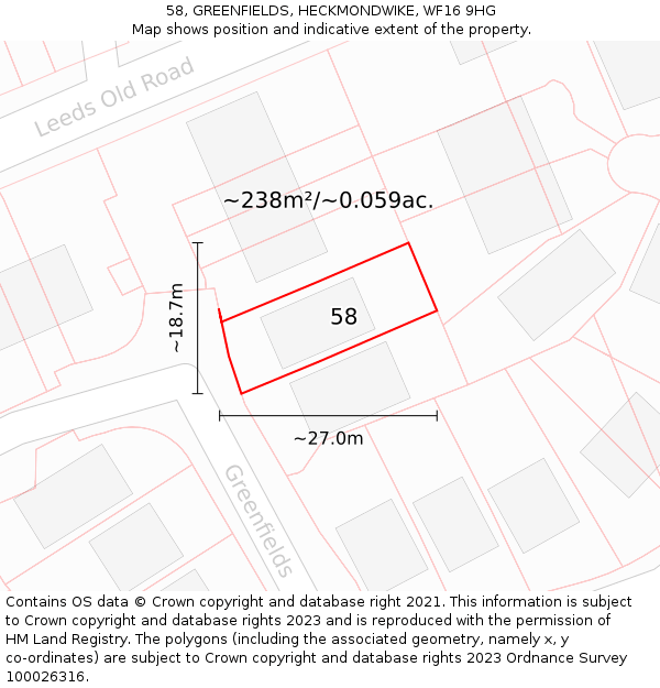 58, GREENFIELDS, HECKMONDWIKE, WF16 9HG: Plot and title map