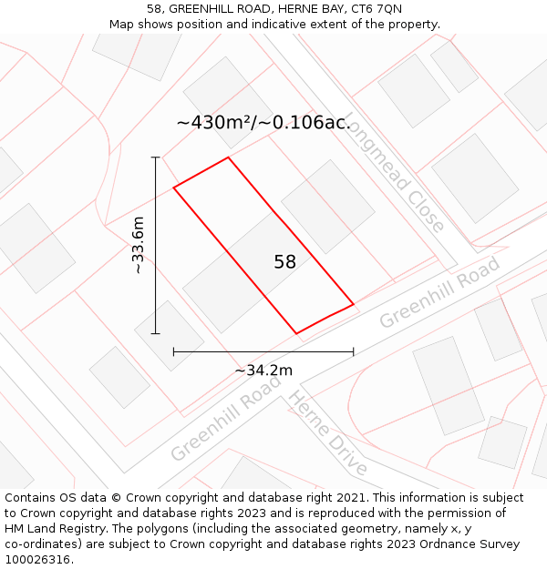 58, GREENHILL ROAD, HERNE BAY, CT6 7QN: Plot and title map