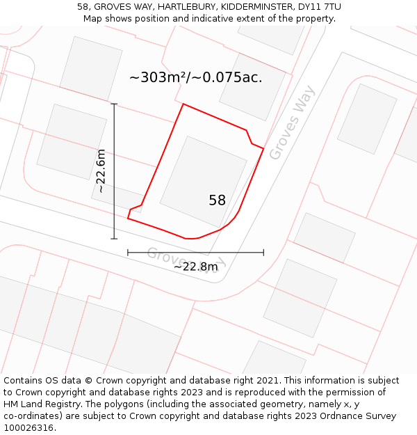 58, GROVES WAY, HARTLEBURY, KIDDERMINSTER, DY11 7TU: Plot and title map