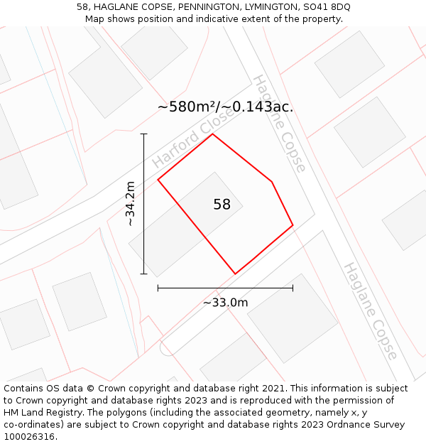 58, HAGLANE COPSE, PENNINGTON, LYMINGTON, SO41 8DQ: Plot and title map