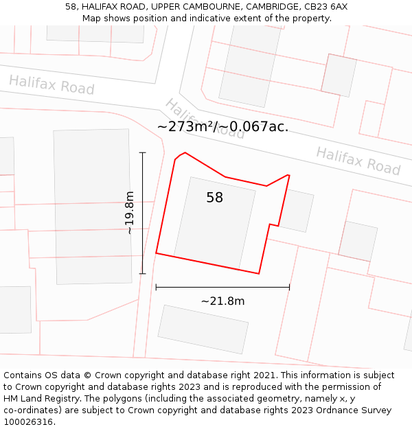 58, HALIFAX ROAD, UPPER CAMBOURNE, CAMBRIDGE, CB23 6AX: Plot and title map