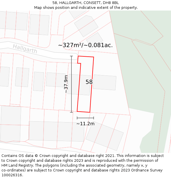 58, HALLGARTH, CONSETT, DH8 8BL: Plot and title map