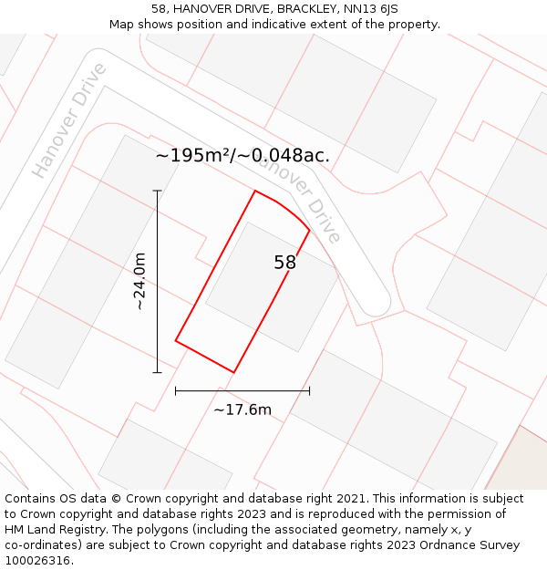 58, HANOVER DRIVE, BRACKLEY, NN13 6JS: Plot and title map