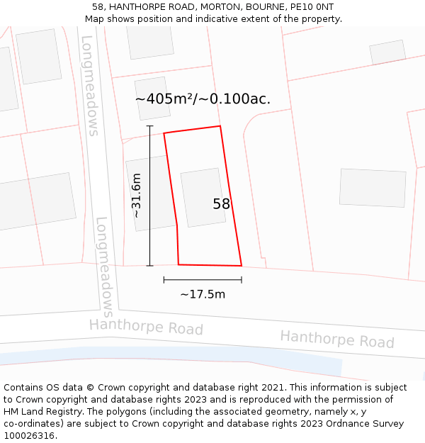 58, HANTHORPE ROAD, MORTON, BOURNE, PE10 0NT: Plot and title map