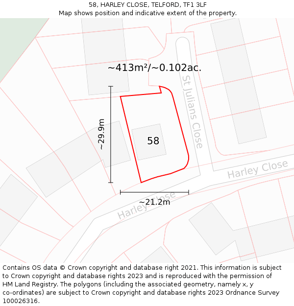 58, HARLEY CLOSE, TELFORD, TF1 3LF: Plot and title map