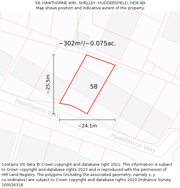 58, HAWTHORNE WAY, SHELLEY, HUDDERSFIELD, HD8 8JX: Plot and title map