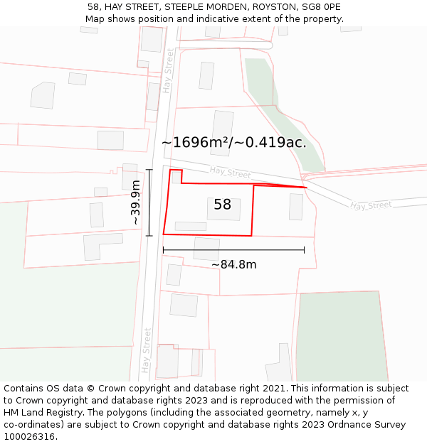 58, HAY STREET, STEEPLE MORDEN, ROYSTON, SG8 0PE: Plot and title map