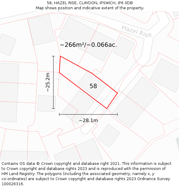 58, HAZEL RISE, CLAYDON, IPSWICH, IP6 0DB: Plot and title map