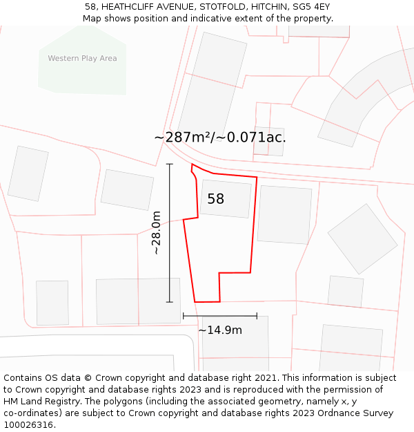 58, HEATHCLIFF AVENUE, STOTFOLD, HITCHIN, SG5 4EY: Plot and title map