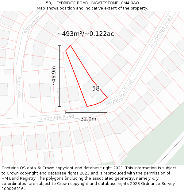 58, HEYBRIDGE ROAD, INGATESTONE, CM4 9AQ: Plot and title map