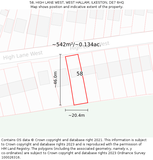 58, HIGH LANE WEST, WEST HALLAM, ILKESTON, DE7 6HQ: Plot and title map