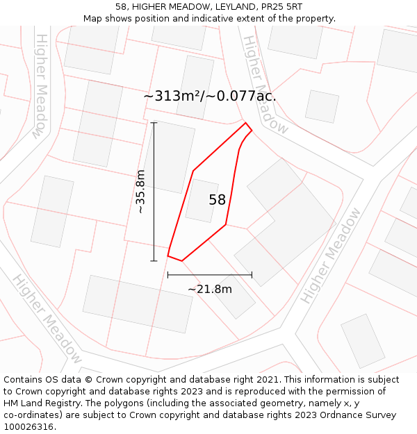 58, HIGHER MEADOW, LEYLAND, PR25 5RT: Plot and title map