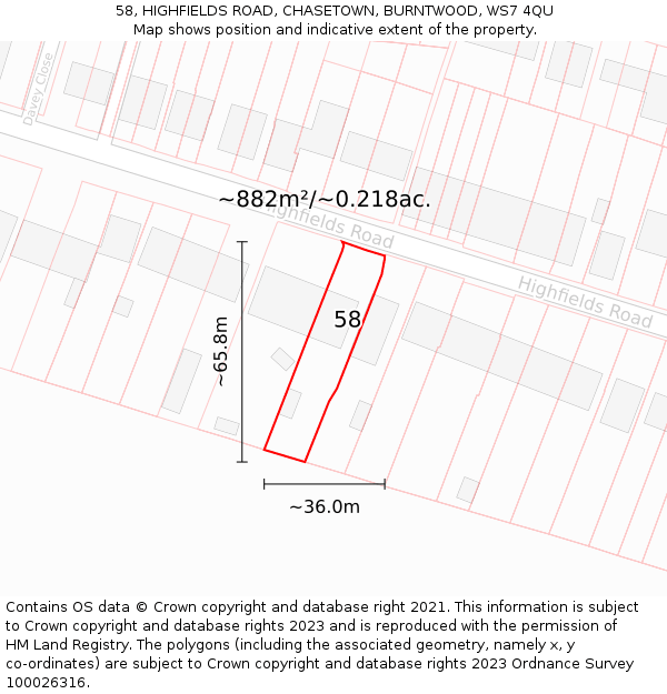 58, HIGHFIELDS ROAD, CHASETOWN, BURNTWOOD, WS7 4QU: Plot and title map