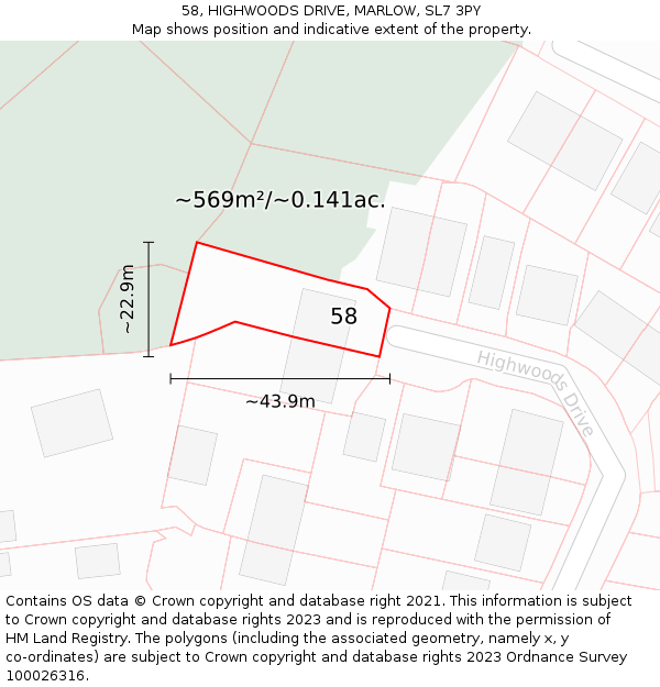 58, HIGHWOODS DRIVE, MARLOW, SL7 3PY: Plot and title map