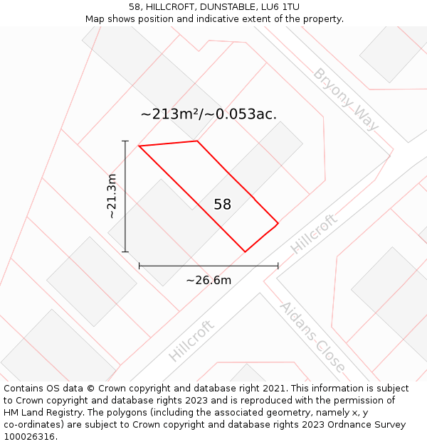 58, HILLCROFT, DUNSTABLE, LU6 1TU: Plot and title map