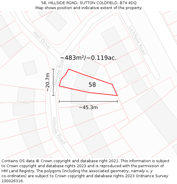 58, HILLSIDE ROAD, SUTTON COLDFIELD, B74 4DQ: Plot and title map
