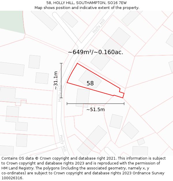 58, HOLLY HILL, SOUTHAMPTON, SO16 7EW: Plot and title map