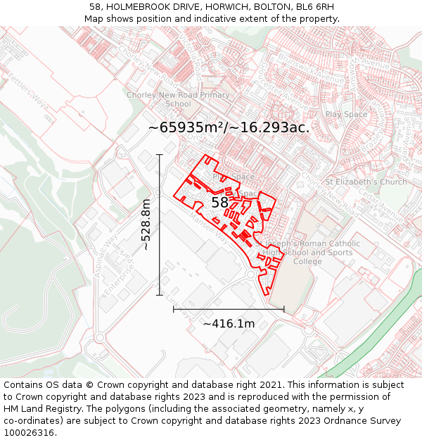 58, HOLMEBROOK DRIVE, HORWICH, BOLTON, BL6 6RH: Plot and title map