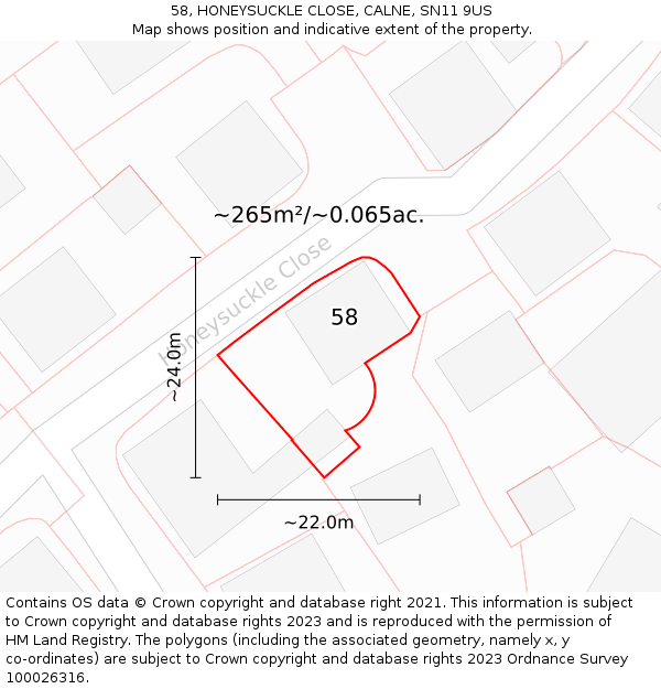 58, HONEYSUCKLE CLOSE, CALNE, SN11 9US: Plot and title map