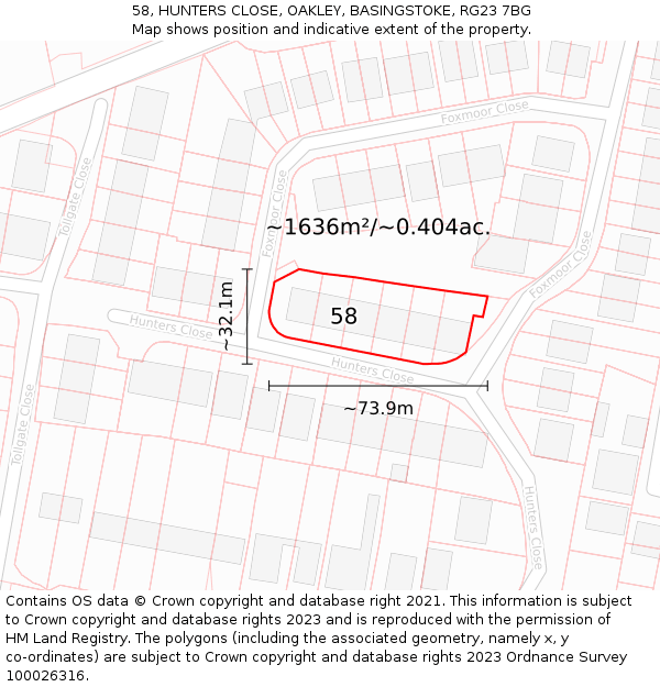 58, HUNTERS CLOSE, OAKLEY, BASINGSTOKE, RG23 7BG: Plot and title map